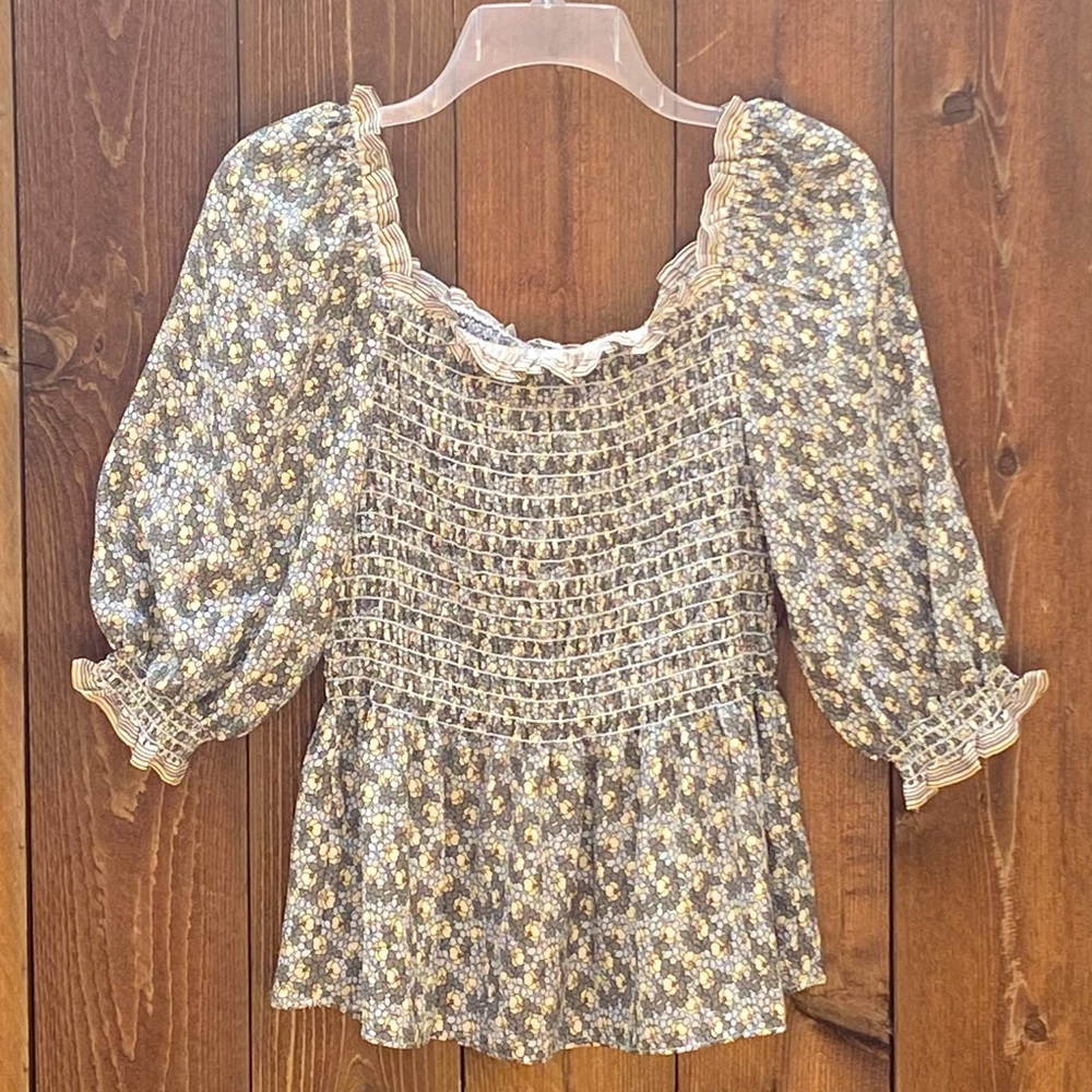 Max Studio top; retro pastel pattern, stretch bodice with ruffle accents